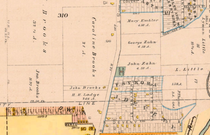 Map of Cleveland showing Caroline Brooks plot from 1881